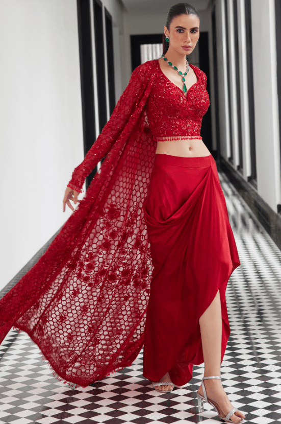 Red Net Sequins Embellished Jacket Set