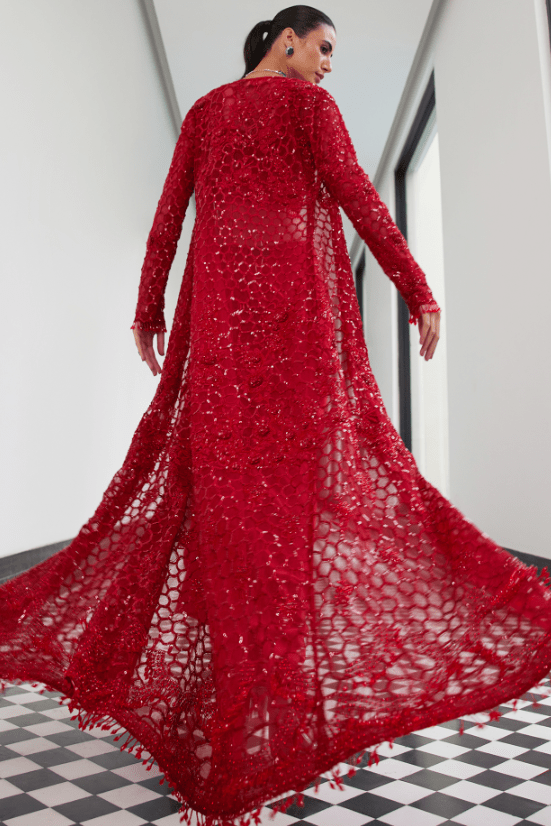 Red Net Sequins Embellished Jacket Set - Image 2
