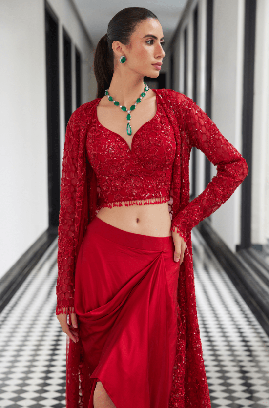 Red Net Sequins Embellished Jacket Set - Image 3