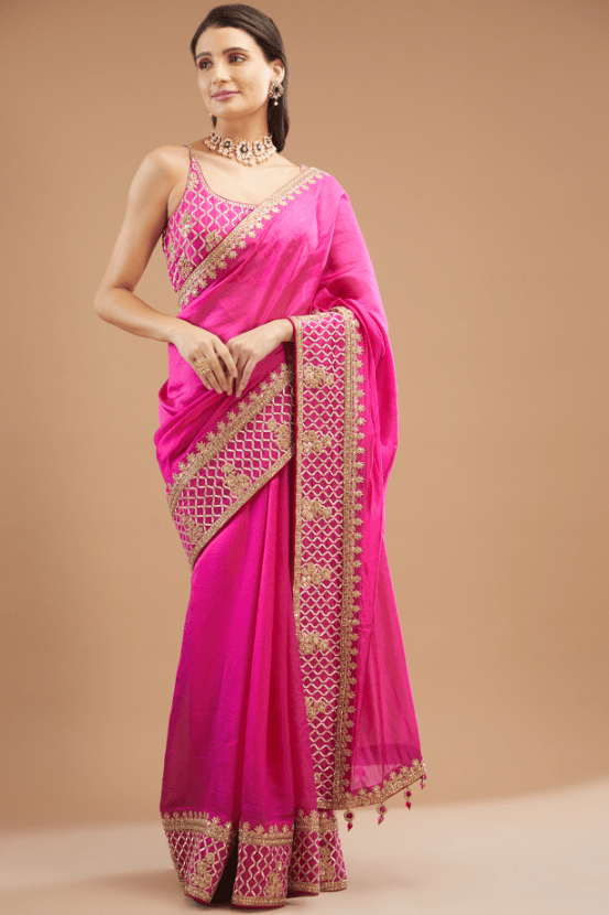 Pink Organza Silk Embroidered Saree Set - Image 2