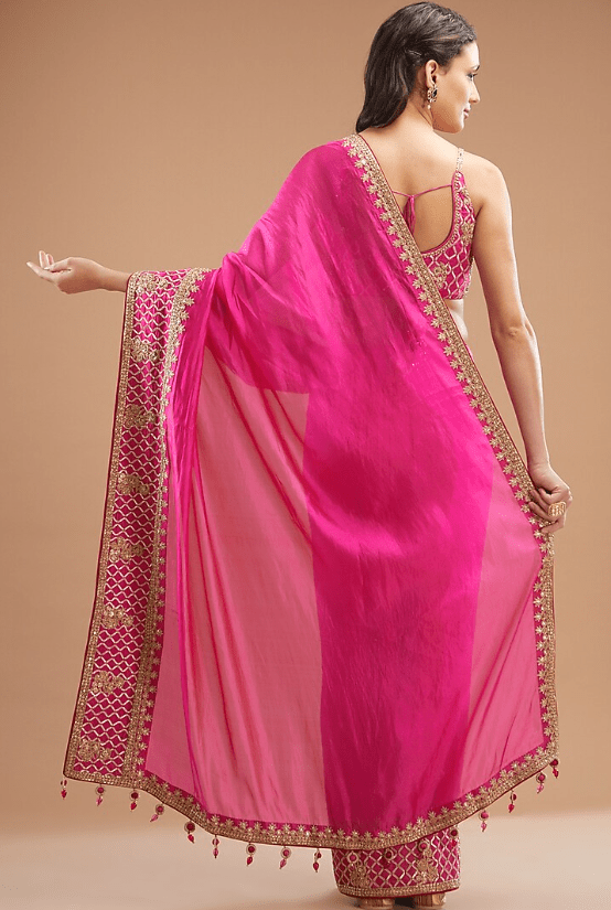 Pink Organza Silk Embroidered Saree Set - Image 3
