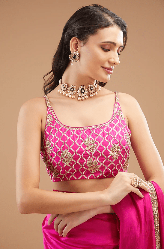 Pink Organza Silk Embroidered Saree Set - Image 4