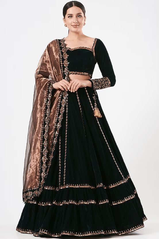 Deep Green Velvet Tiered Lehenga Set