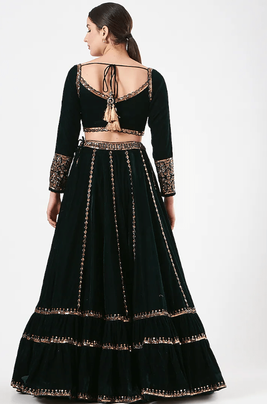 Deep Green Velvet Tiered Lehenga Set - Image 2