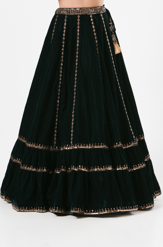 Deep Green Velvet Tiered Lehenga Set - Image 3