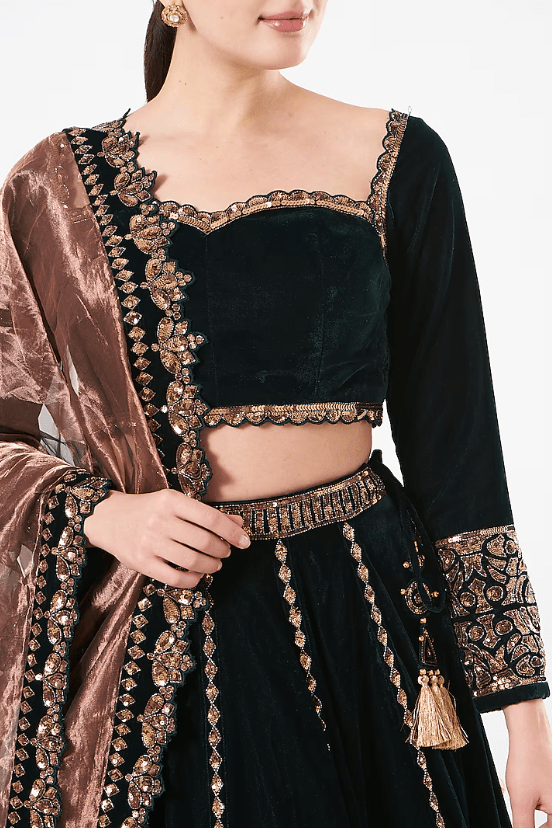 Deep Green Velvet Tiered Lehenga Set - Image 4