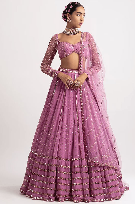Pink Georgette Sequins Embroidered Lehenga Set