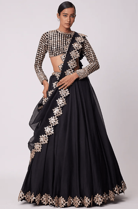 Black Organza Mirror Embroidered Lehenga Set