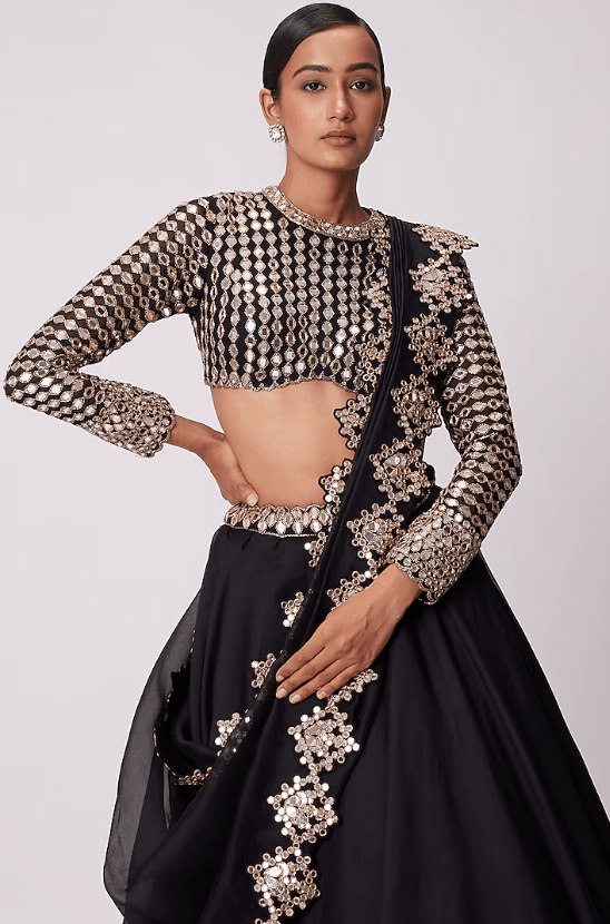 Black Organza Mirror Embroidered Lehenga Set - Image 4