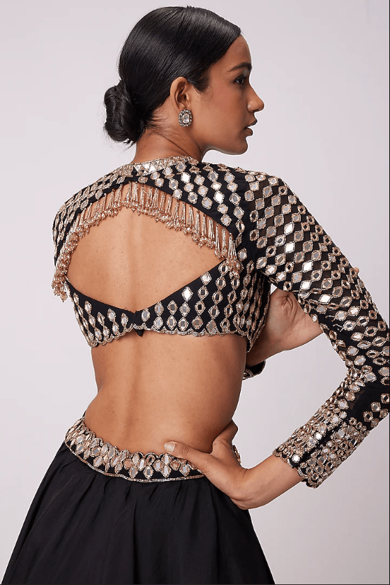 Black Organza Mirror Embroidered Lehenga Set - Image 5