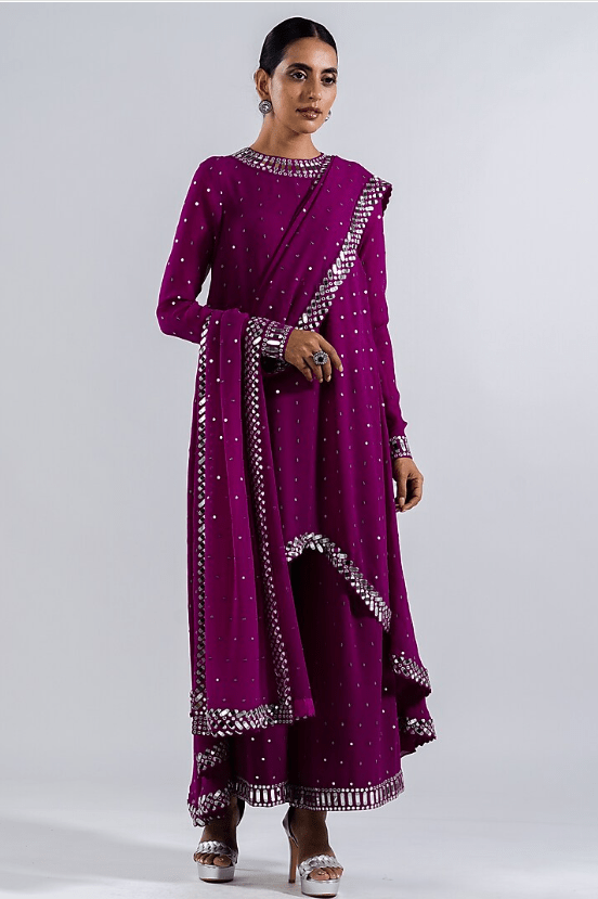 Wine Georgette Mirror Embroidered Kurta Set