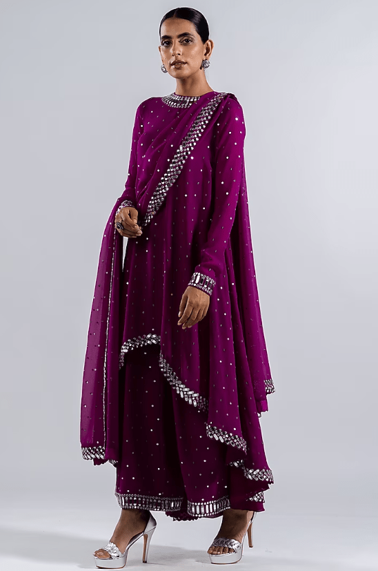 Wine Georgette Mirror Embroidered Kurta Set - Image 2