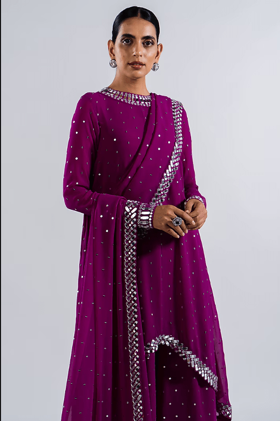 Wine Georgette Mirror Embroidered Kurta Set - Image 3