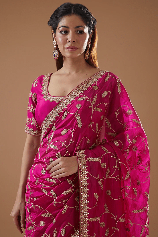 Rani Pink Organza Silk Embroidered Saree Set - Image 4