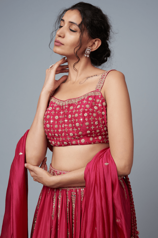 Rani Pink Organza Embroidered Lehenga Set - Image 3