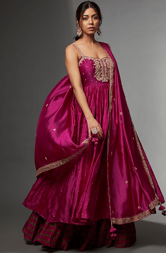 Rani Pink Chanderi Silk Embroidered Anarkali Set