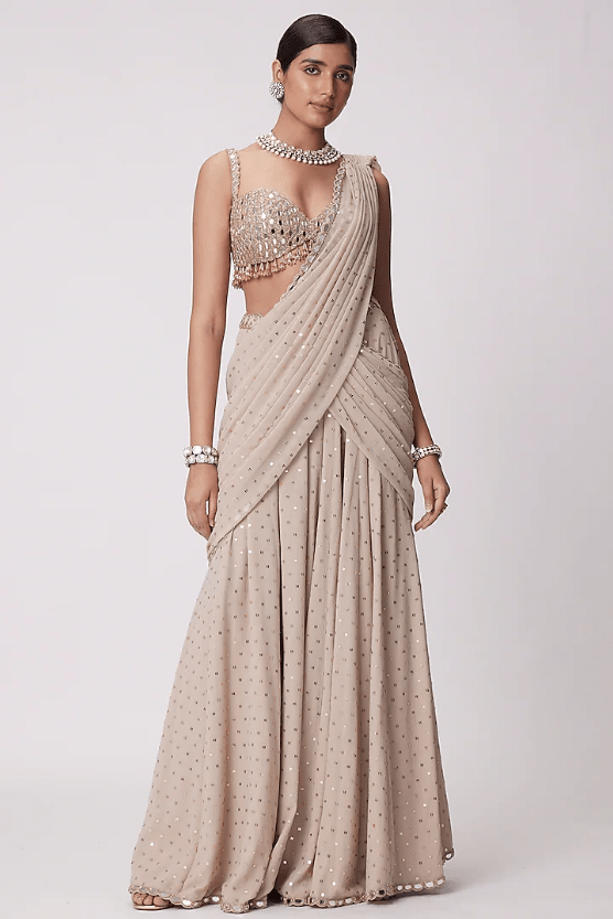 Beige Georgette Pre-Draped Saree Set