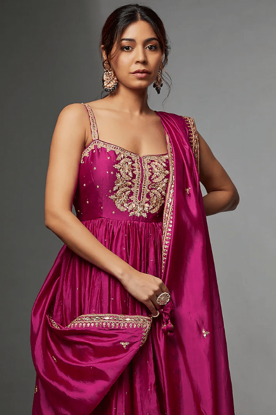 Rani Pink Chanderi Silk Embroidered Anarkali Set - Image 4