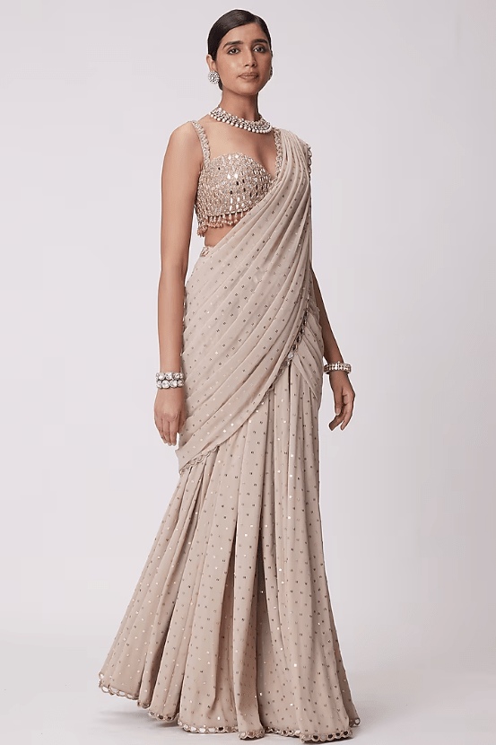 Beige Georgette Pre-Draped Saree Set - Image 4
