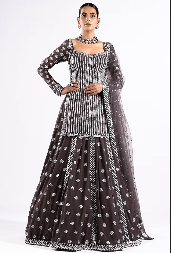 Charcoal Grey Georgette Mirror Embellished Lehenga Set