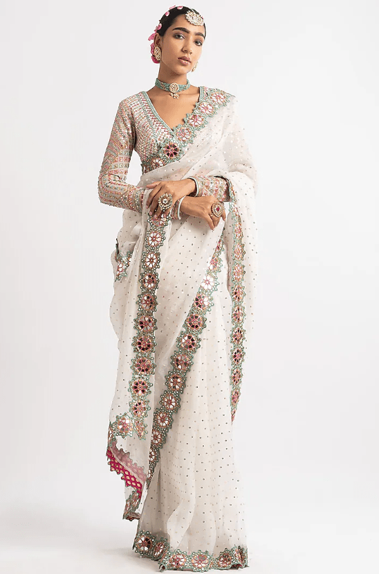 White Sequins Saree Set - Image 2