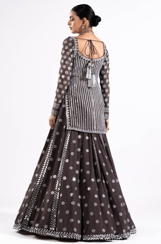 Charcoal Grey Georgette Mirror Embellished Lehenga Set - Image 2