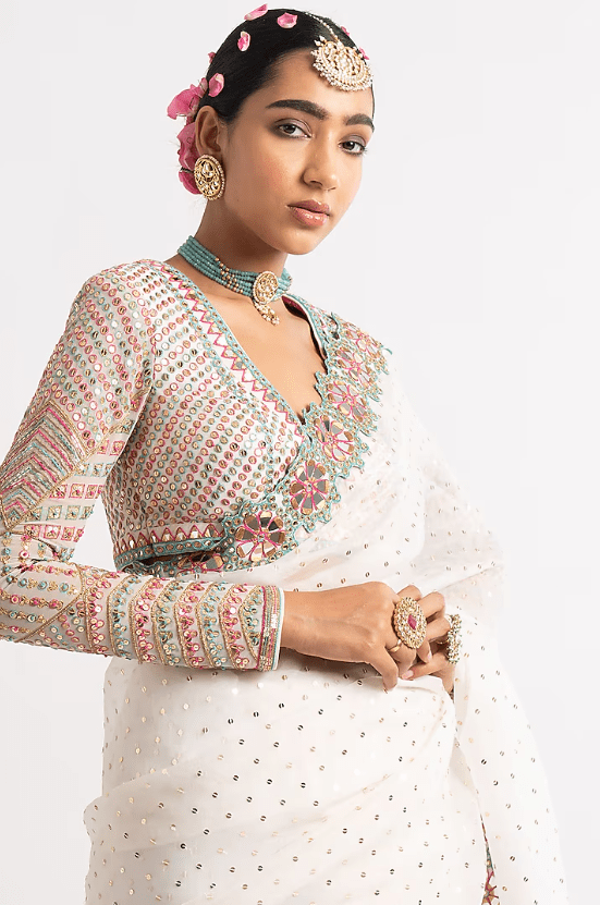 White Sequins Saree Set - Image 3