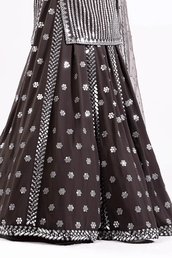 Charcoal Grey Georgette Mirror Embellished Lehenga Set - Image 3