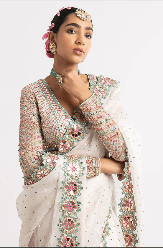 White Sequins Saree Set - Image 4
