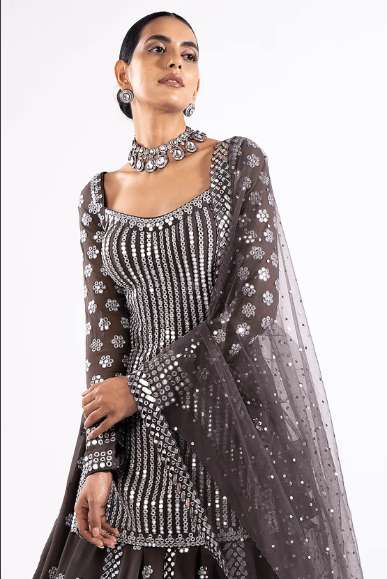 Charcoal Grey Georgette Mirror Embellished Lehenga Set - Image 4
