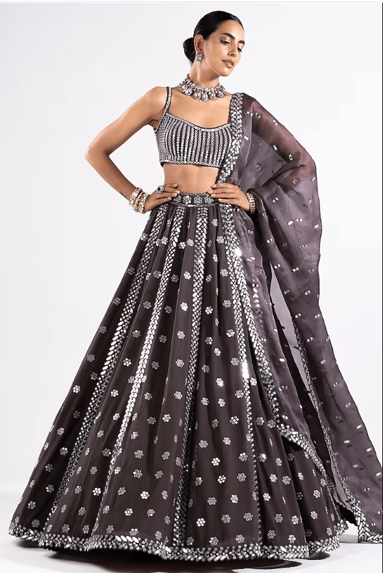 Charcoal Grey Georgette Mirror Embellished Lehenga Set