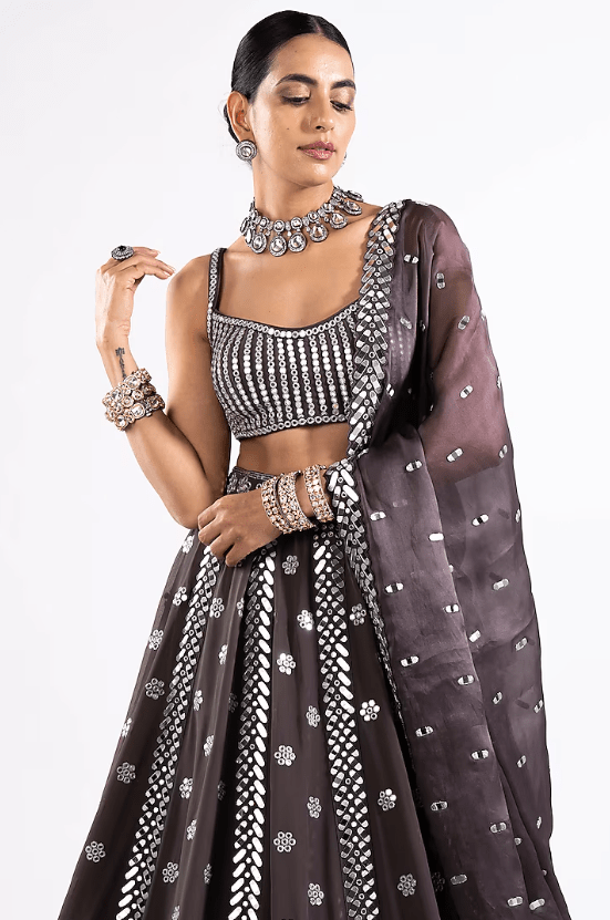 Charcoal Grey Georgette Mirror Embellished Lehenga Set - Image 4