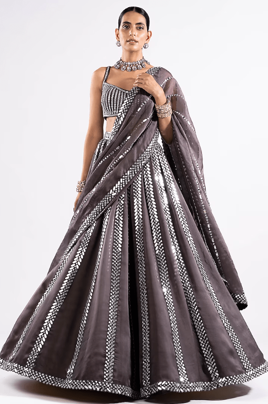 Charcoal Grey Satin Organza Mirror Embellished Lehenga Set