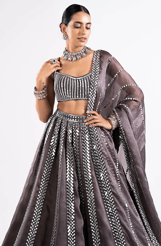 Charcoal Grey Satin Organza Mirror Embellished Lehenga Set - Image 2