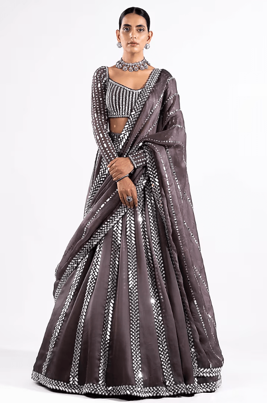 Charcoal Grey Satin Organza Mirror Embellished Lehenga Set