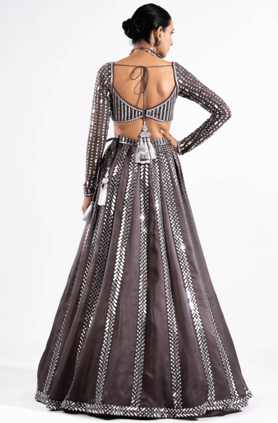 Charcoal Grey Satin Organza Mirror Embellished Lehenga Set - Image 2