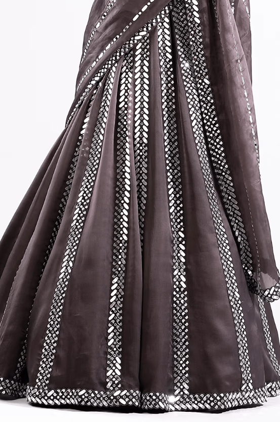 Charcoal Grey Satin Organza Mirror Embellished Lehenga Set - Image 3