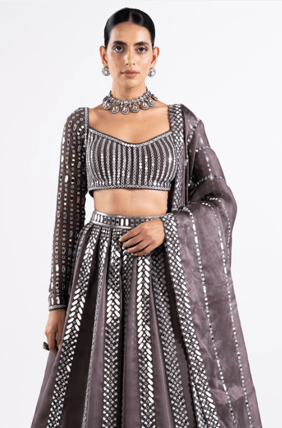 Charcoal Grey Satin Organza Mirror Embellished Lehenga Set - Image 4
