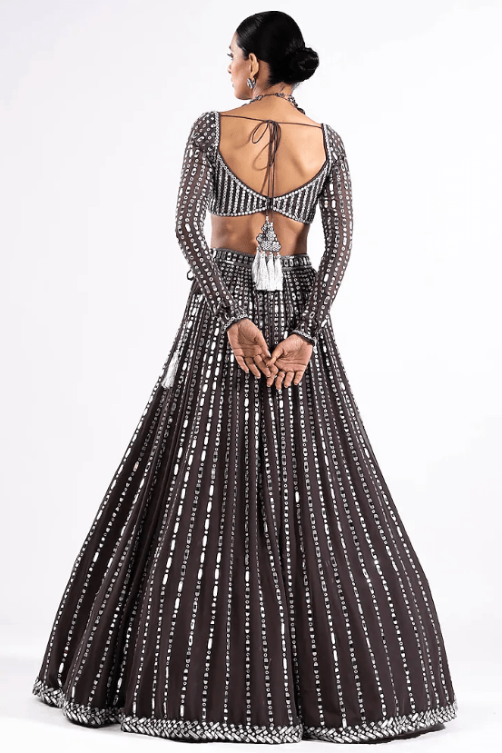 Charcoal Grey Georgette Mirror Embellished Lehenga Set - Image 2