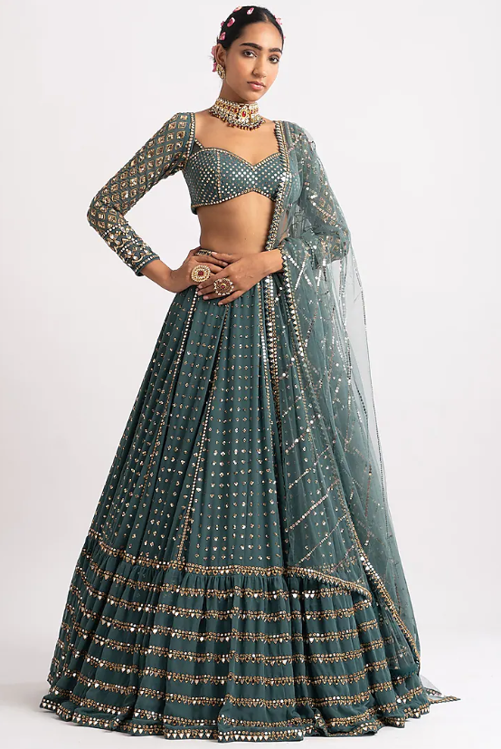 Mud Green Georgette Mirror Embroidered Lehenga Set - Image 2