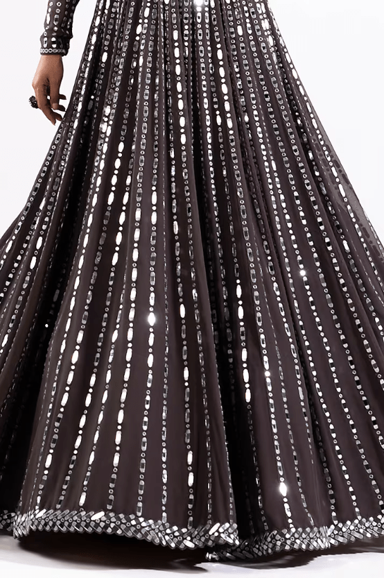 Charcoal Grey Georgette Mirror Embellished Lehenga Set - Image 3
