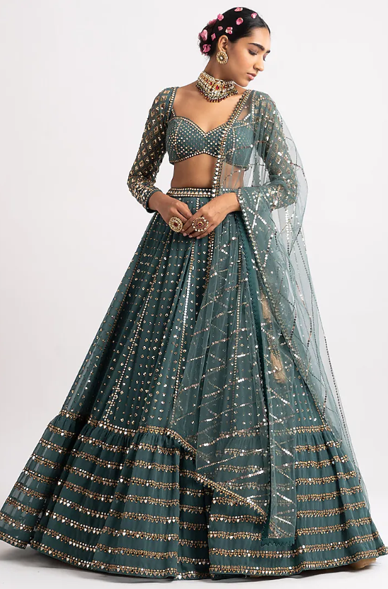 Mud Green Georgette Mirror Embroidered Lehenga Set - Image 3