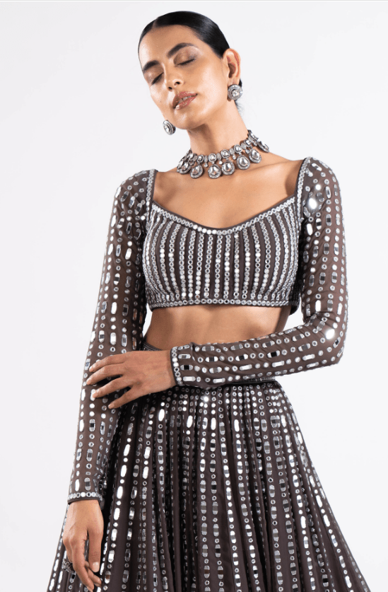 Charcoal Grey Georgette Mirror Embellished Lehenga Set - Image 4