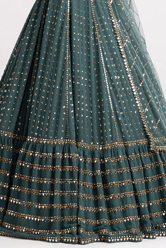 Mud Green Georgette Mirror Embroidered Lehenga Set - Image 4