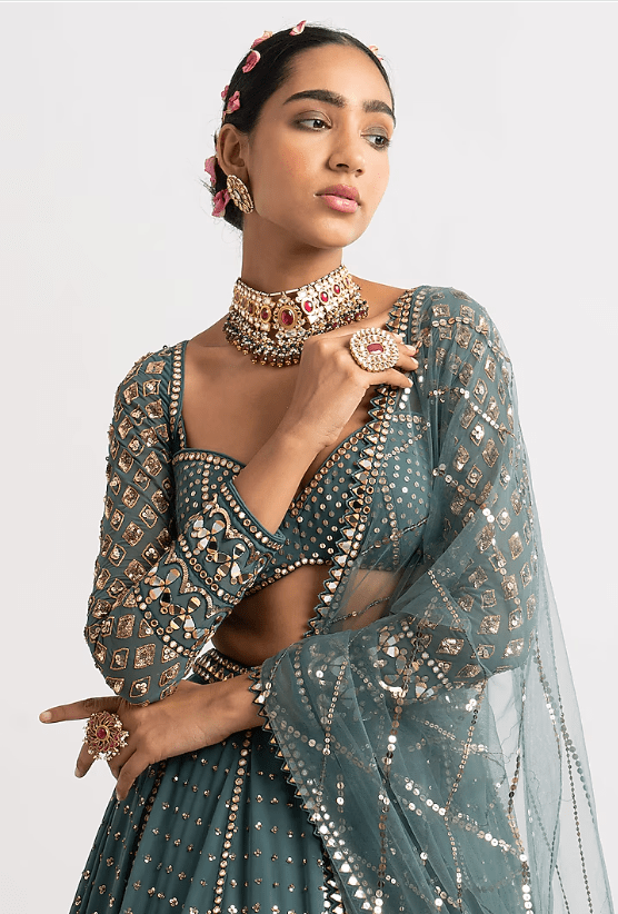 Mud Green Georgette Mirror Embroidered Lehenga Set - Image 5