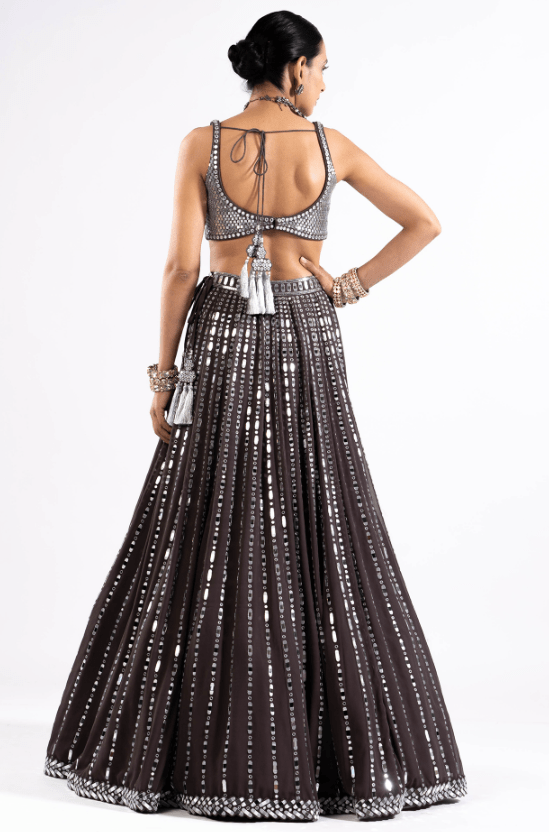 Charcoal Grey Georgette Mirror Embellished Lehenga Set - Image 2