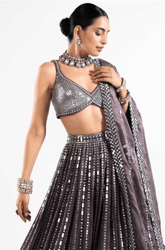 Charcoal Grey Georgette Mirror Embellished Lehenga Set - Image 4