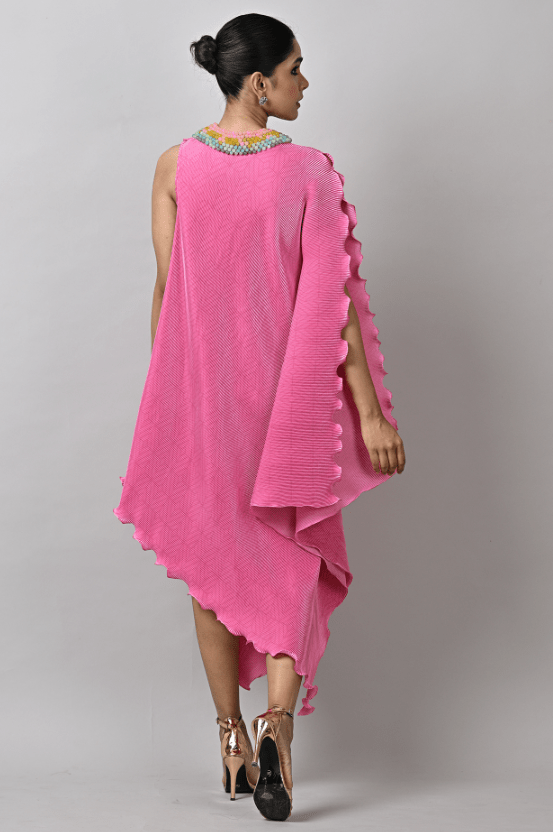 Candy Pink Polyester Bead Embroidered Draped Kaftan - Image 2