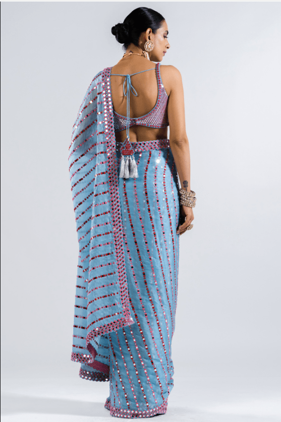 Ice Blue Satin Organza Embellished Pre-Draped Saree Set - Image 2