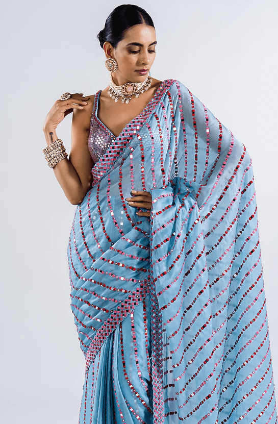Ice Blue Satin Organza Embellished Pre-Draped Saree Set - Image 3
